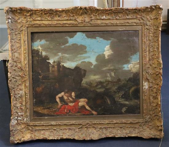 After Nicolas Poussin (17th / 18th century) Coastal landscape with shipwrecked figure 18.5 x 23.5in.